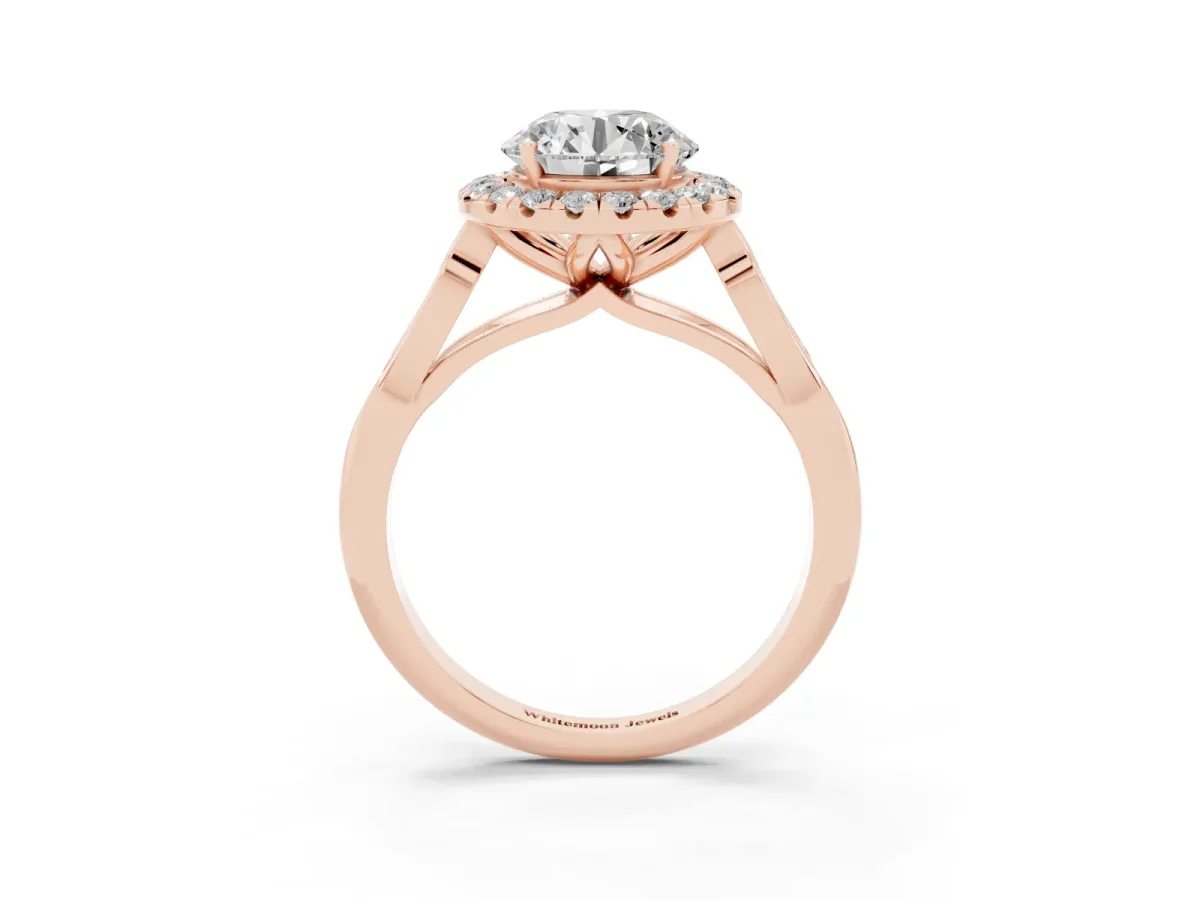 Round Cut Halo Diamond Engagement Ring with Filigree Band and Four-Prong Setting Rose gold