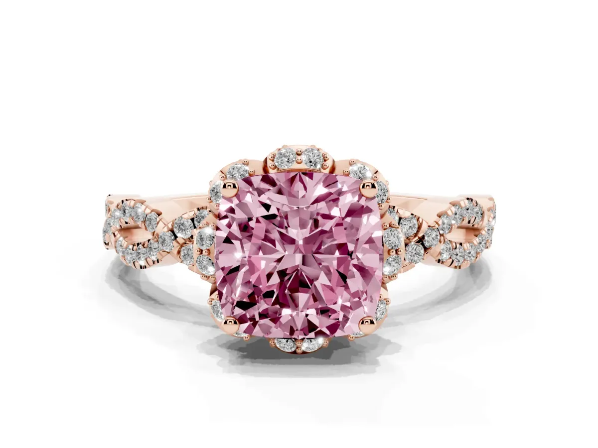 Fancy Pink Cushion Cut Halo Twist Band Solitaire Ring with Six-Prong Setting Rose gold