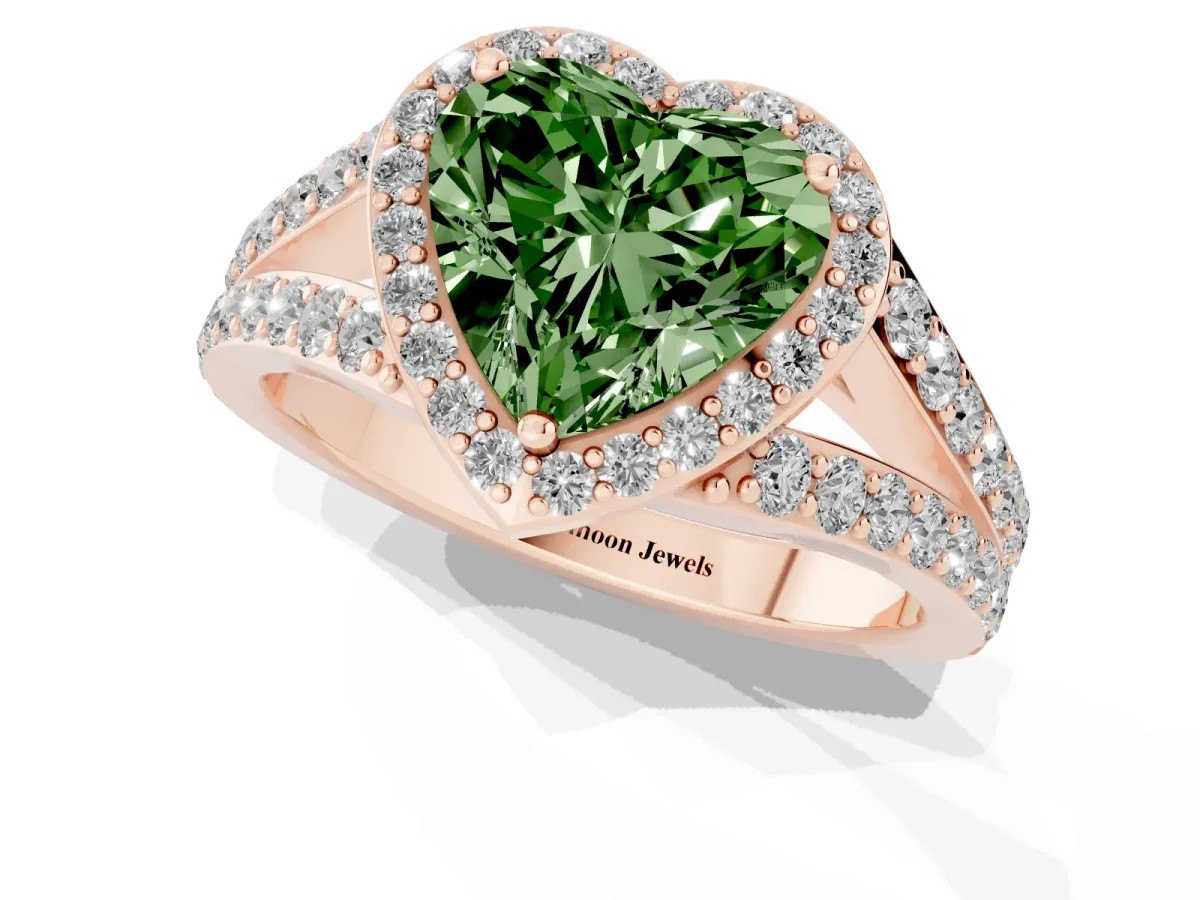 Fancy Green Heart Cut Diamond Split Shank Halo Ring with Four-Prong Setting Rose gold