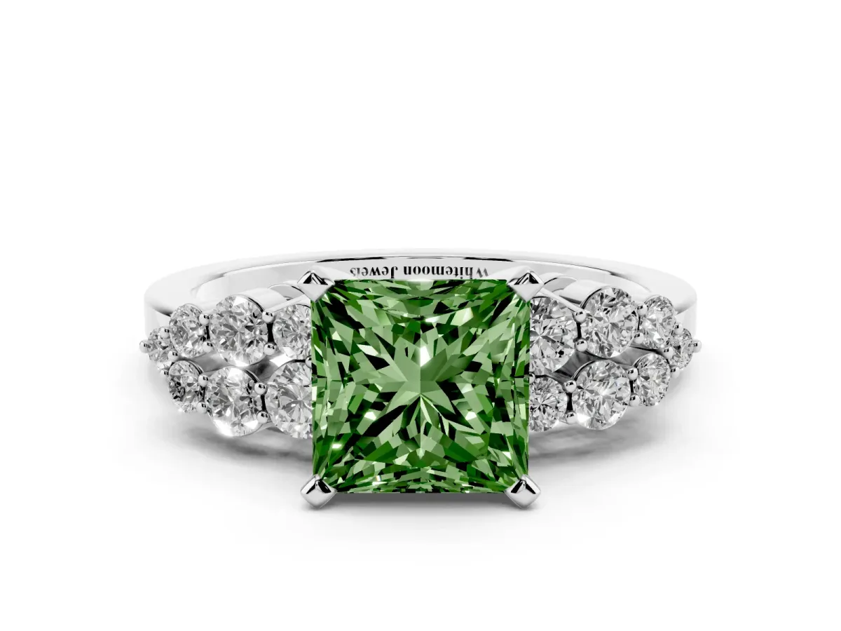 Fancy Green Princess Cut Cluster Diamond Engagement Ring with Pavé Band and Four-Prong Setting Platinum