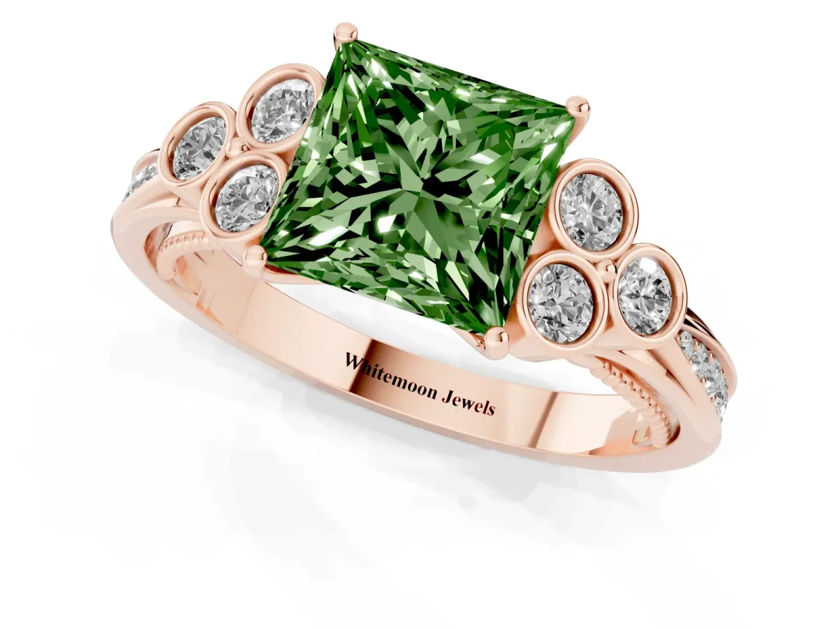 Fancy Green Princess Cut Cut Diamond Engagement Ring with Bezel Set Round Side Stones and Prong Setting Rose gold