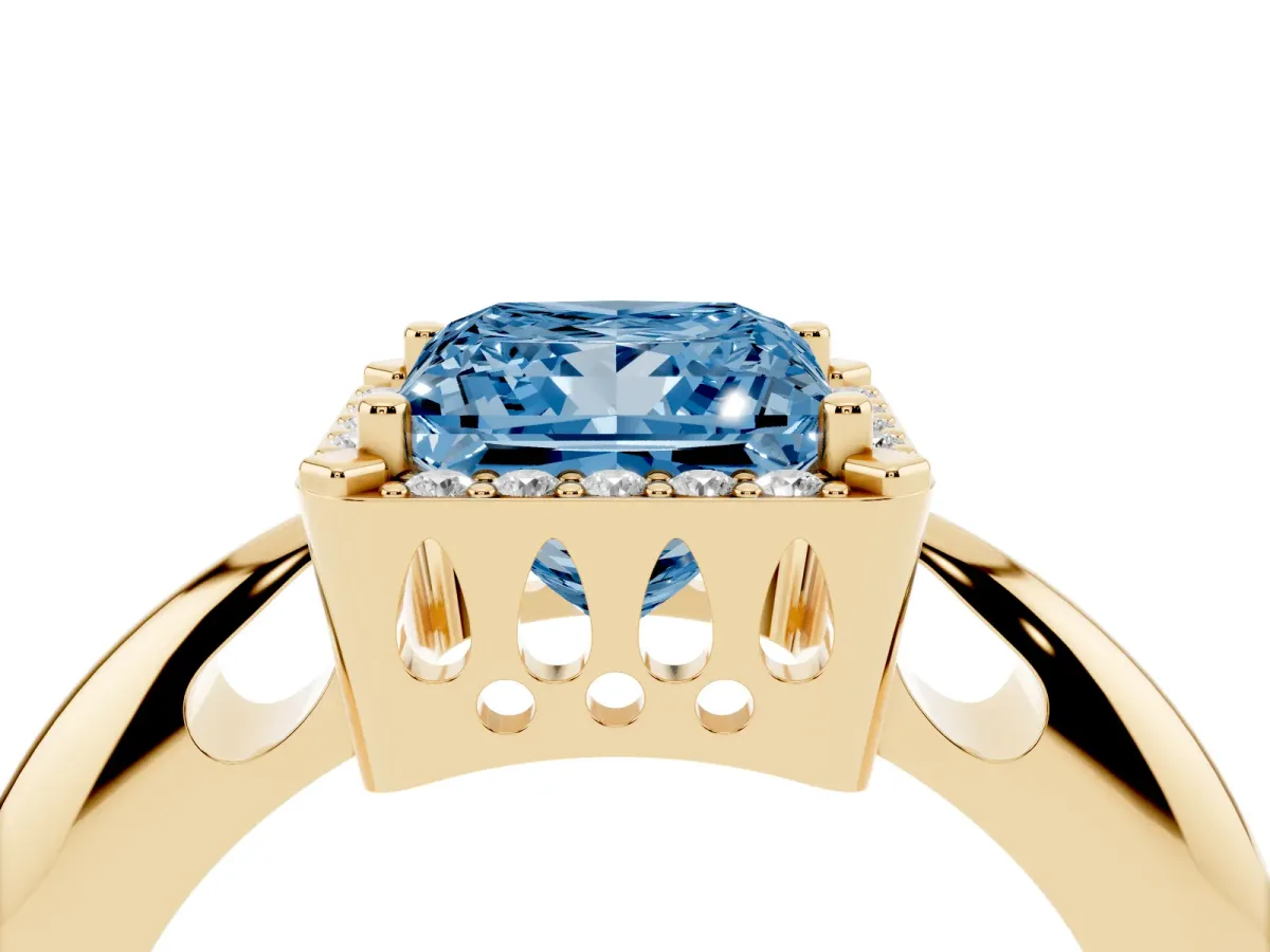 Fancy Blue Princess Cut Cut Diamond Halo Engagement Ring with Split Shank and Four-Prong Setting Yellow gold