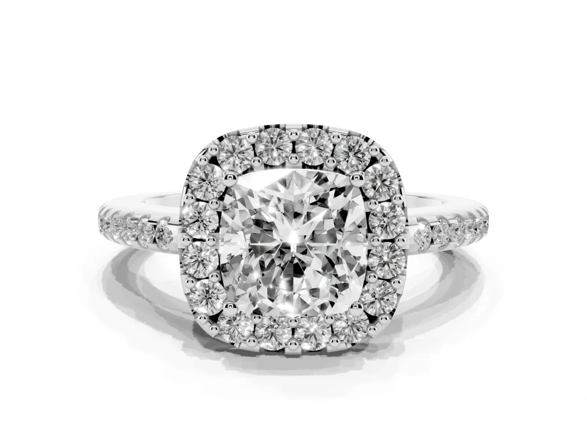 Cushion Cut Diamond Pavé Halo Ring with Four-Prong Setting Silver