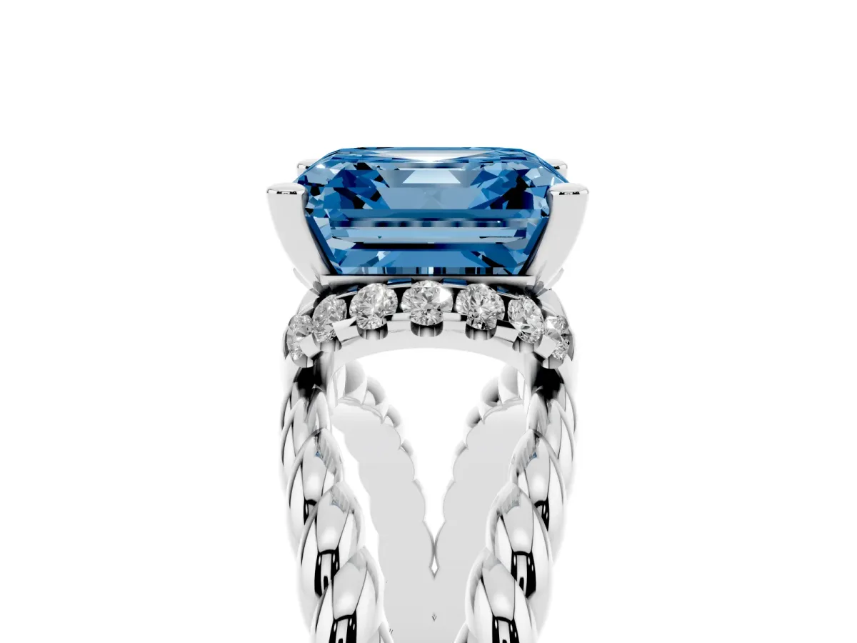 Fancy Blue Asscher Cut Halo Twisted Band Four-Prong Ring Silver