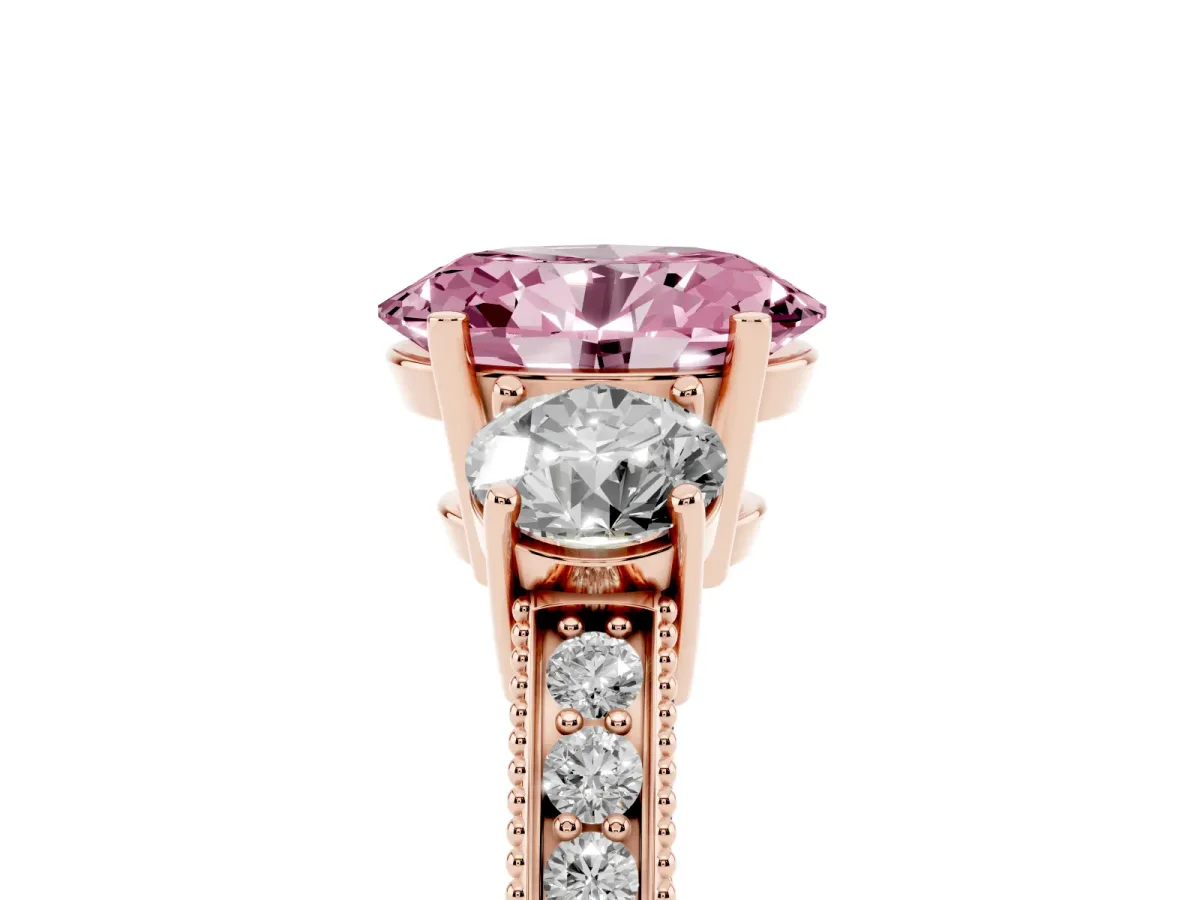 Fancy Pink Oval Cut Three-Stone Diamond Ring with Pavé Band and Four-Prong Setting Rose gold