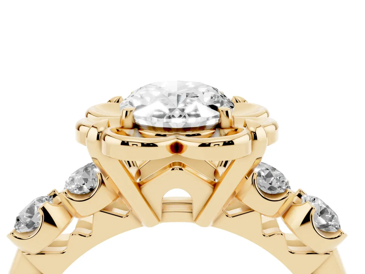 Oval Cut Cut Diamond Floral Halo Engagement Ring with Shared Prong Setting Yellow gold