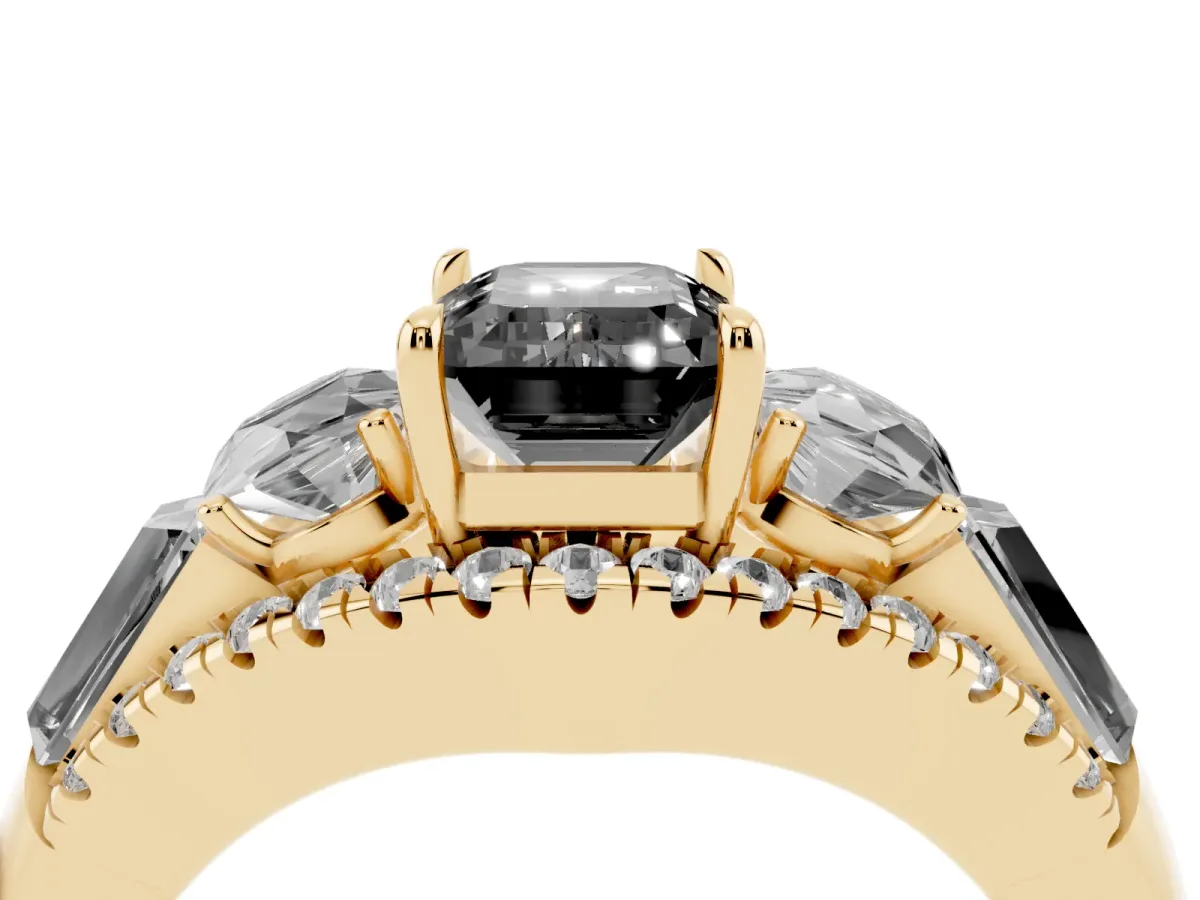 Fancy Black Three-Stone Emerald Cut Diamond Engagement Ring with Pave Band and Prong Setting Yellow gold