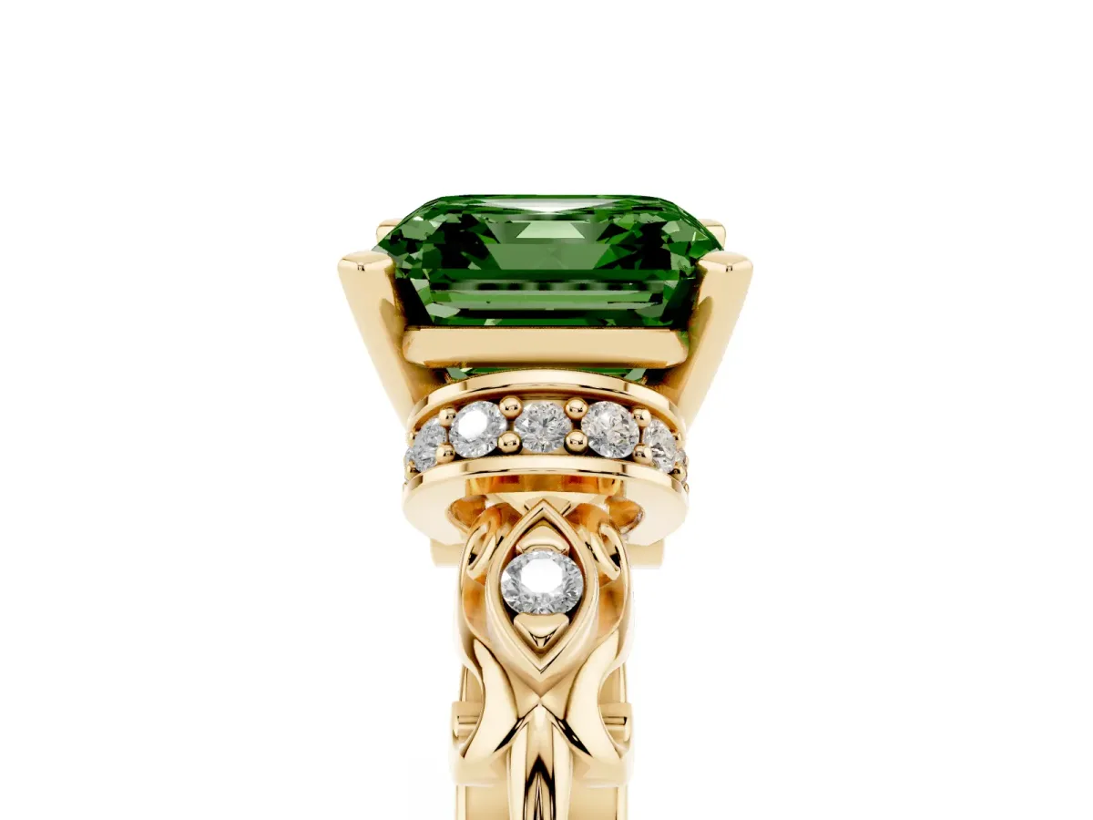 Fancy Green Asscher Cut Diamond Solitaire Ring with Filigree Band and Four-Prong Setting Yellow gold