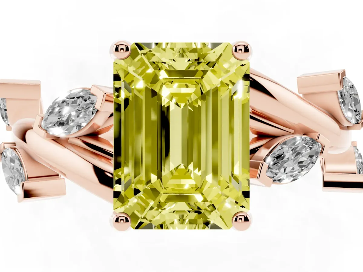 Fancy Yellow Emerald Cut Solitaire Twisted Band Marquise Accent Prong Setting Ring Rose gold