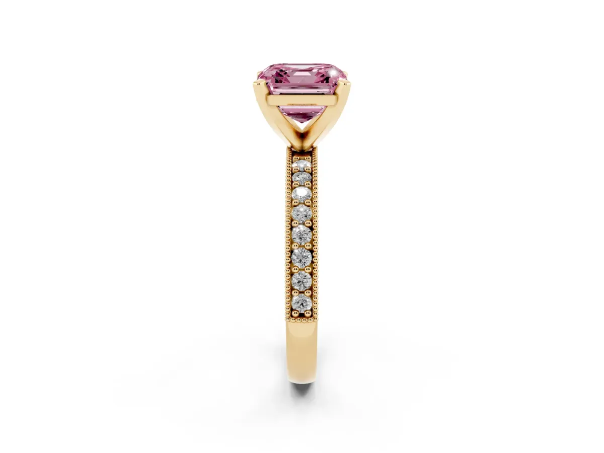 Fancy Pink Asscher Cut Diamond Milgrain Pavé Engagement Ring with Four-Prong Setting Yellow gold