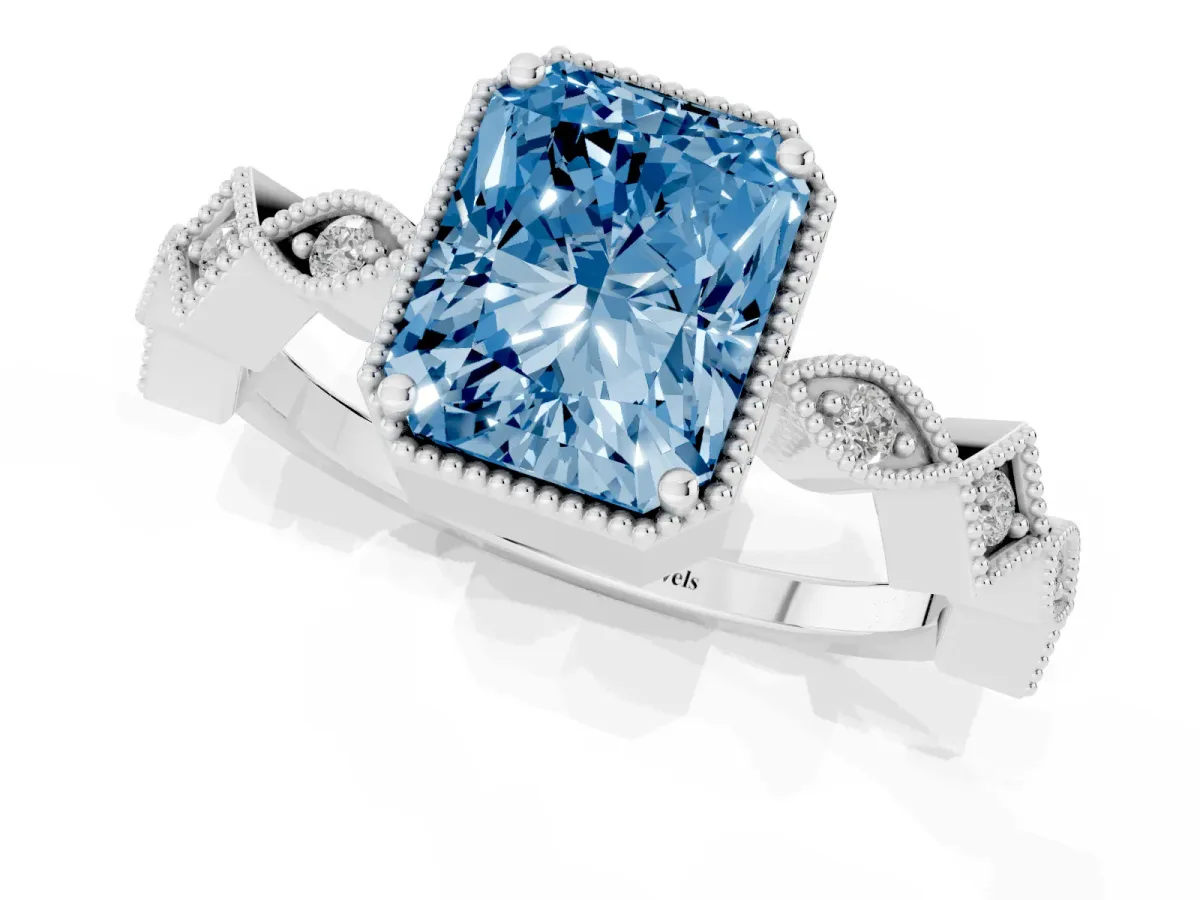Fancy Blue Radiant Cut Milgrain Marquise Diamond Twist Band Ring Silver