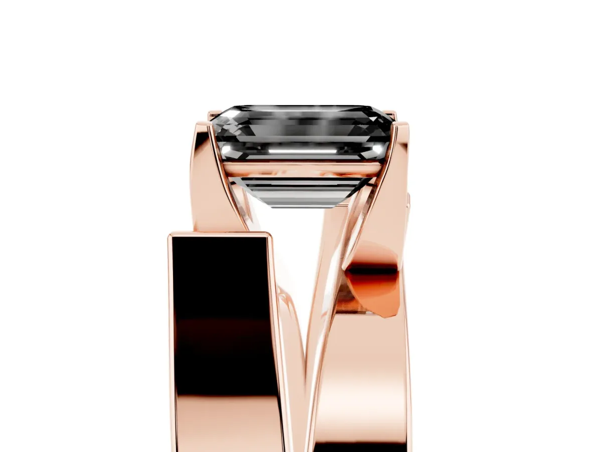 Fancy Black Modern Tension Set Emerald Cut Diamond Solitaire Wide Band Ring Rose gold