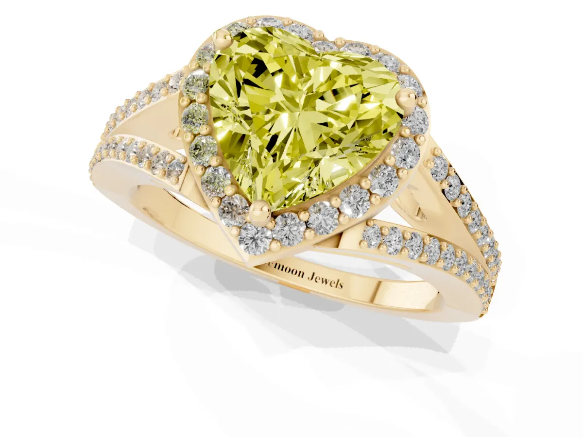 Fancy Yellow Heart Cut Halo Split Shank Diamond Ring with Prong Setting Yellow gold