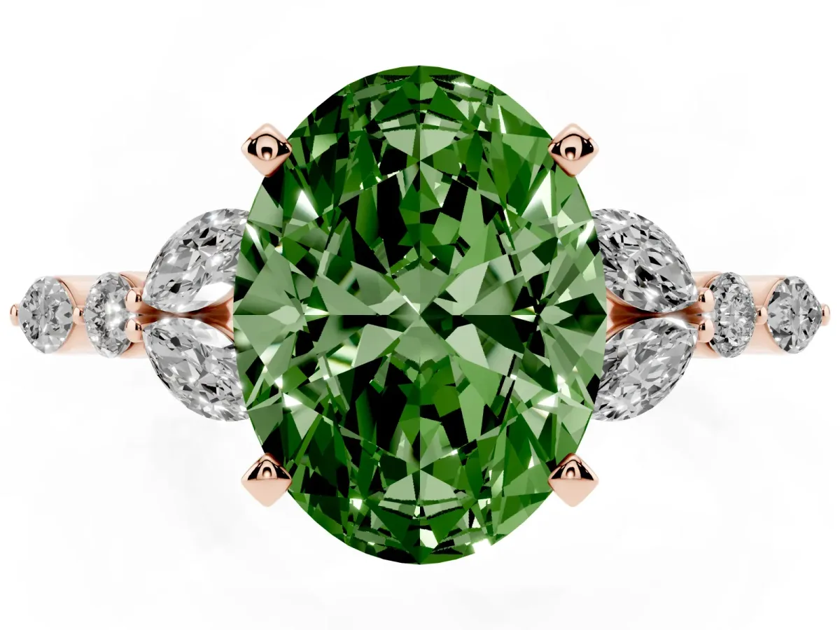 Fancy Green Oval Cut Diamond Solitaire Ring with Side Stones and Four-Prong Setting Rose gold