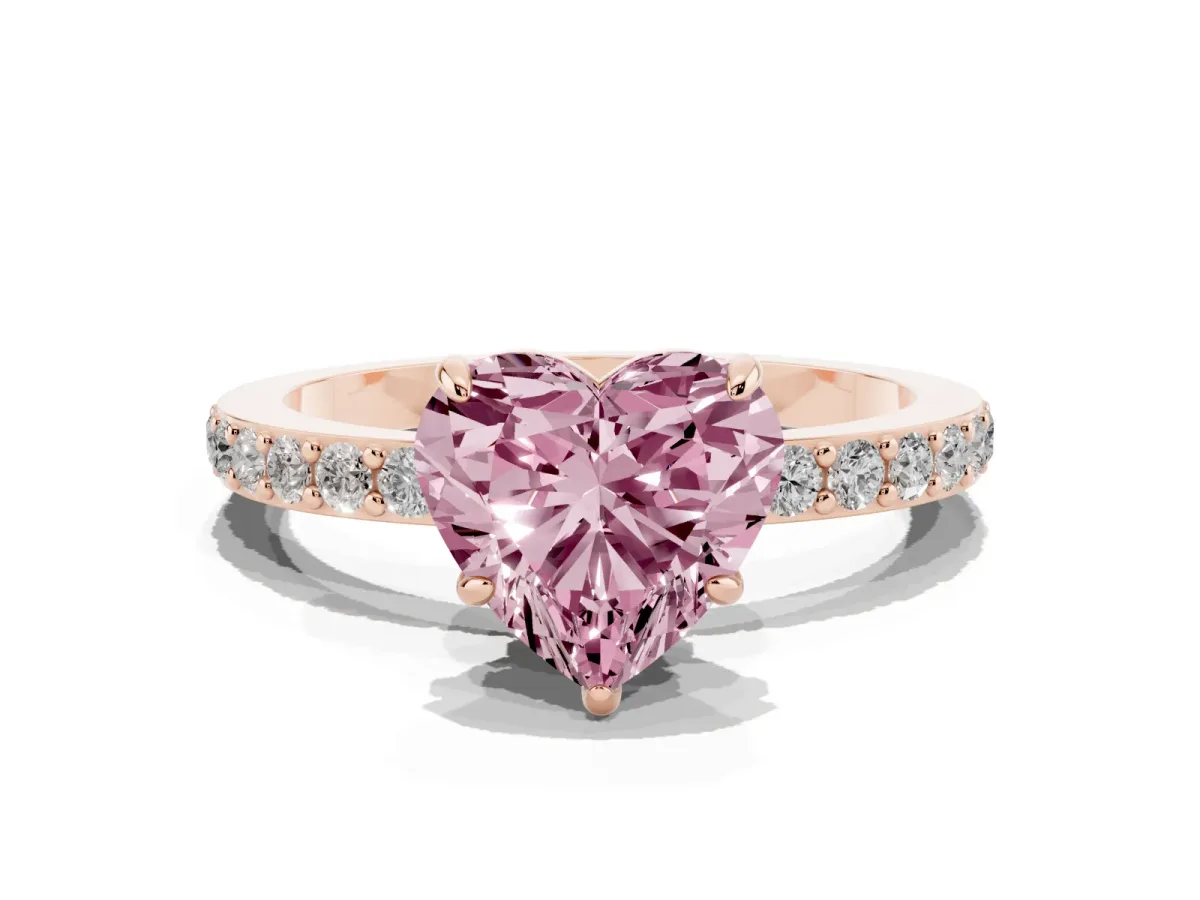 Fancy Pink Heart Cut Diamond Pavé Engagement Ring with Round Accents and Prong Setting Rose gold