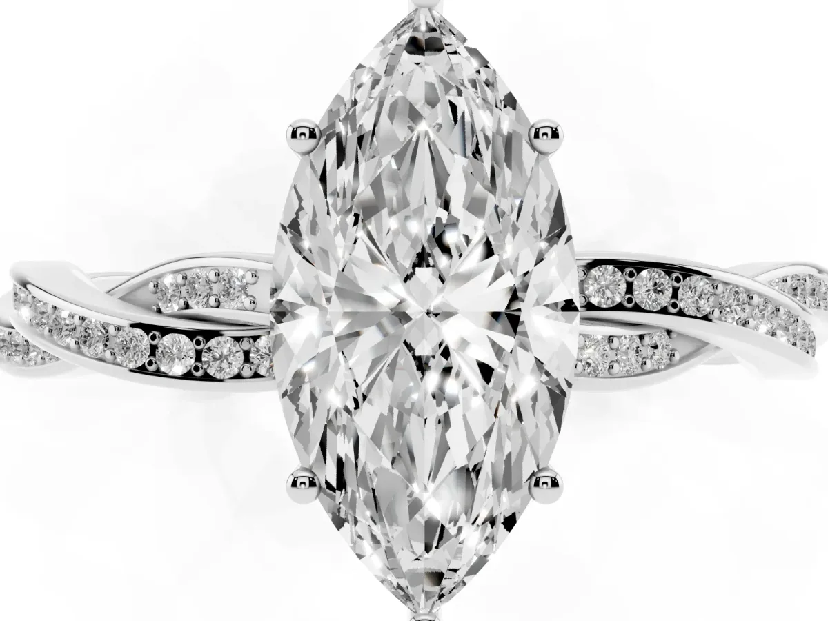 Marquise Cut Solitaire Twisted Pave Diamond Ring with Four-Prong Setting White gold