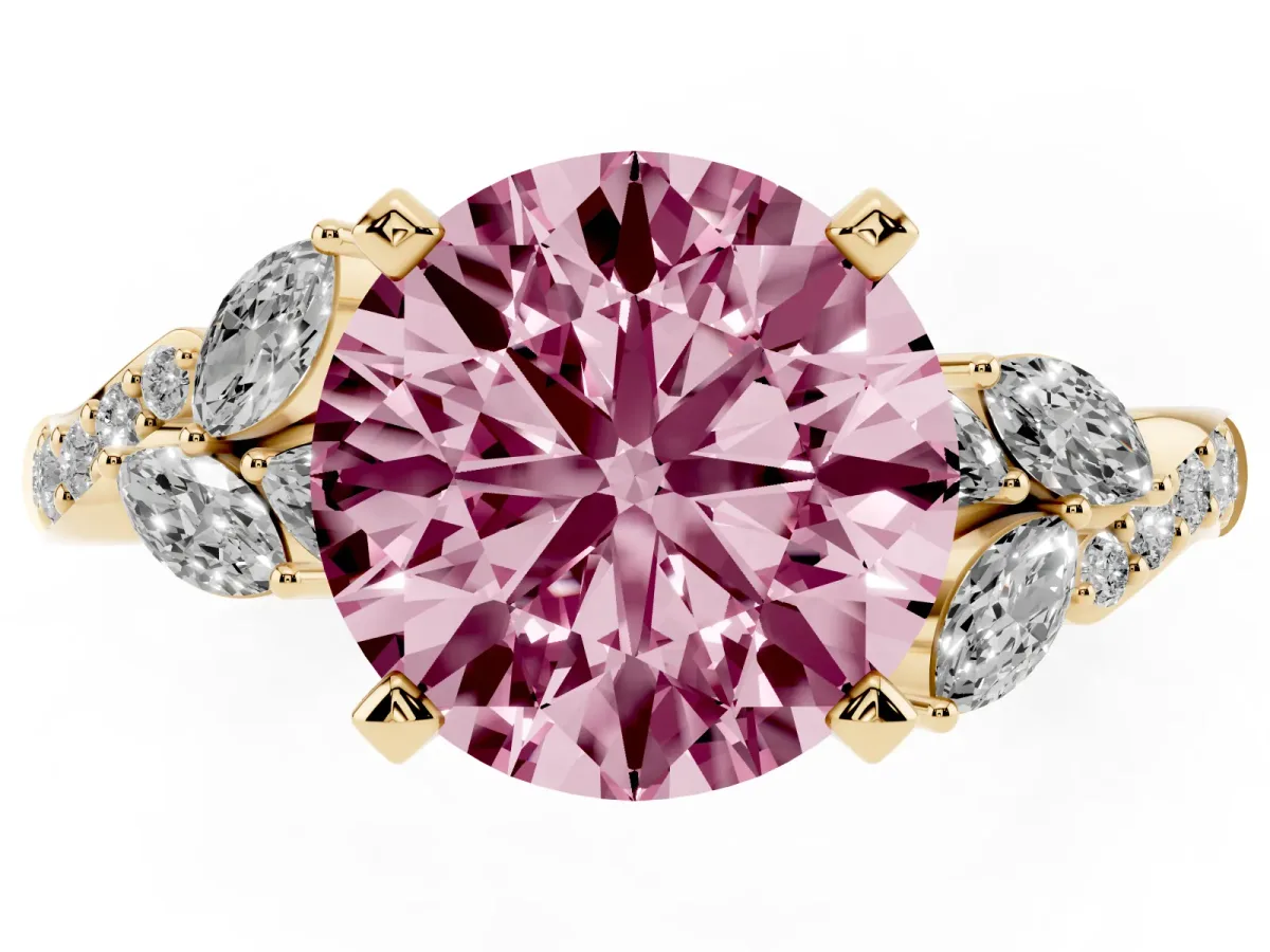 Fancy Pink Round Cut Solitaire Marquise Twist Band with Six-Prong Setting Yellow gold