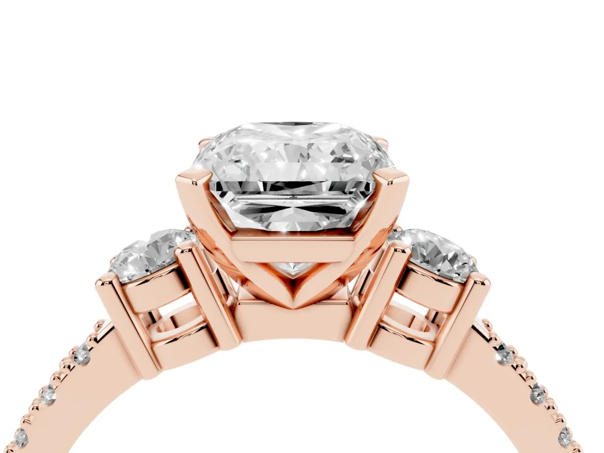 Radiant Cut Three-Stone Diamond Pavé Band with Prong Setting Rose gold