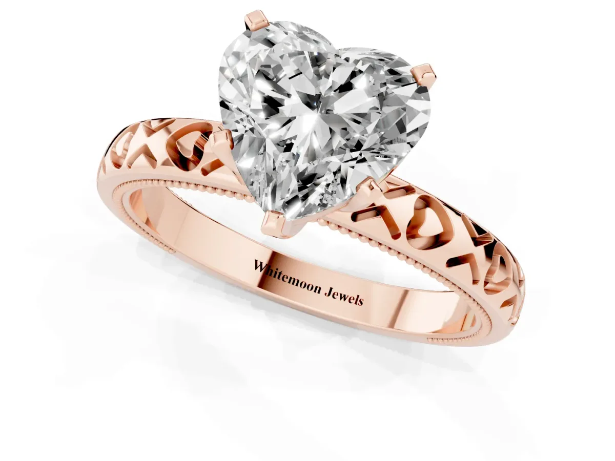 Heart Cut Solitaire Diamond Engagement Ring with XO Engraved Band and Four-Prong Setting Rose gold