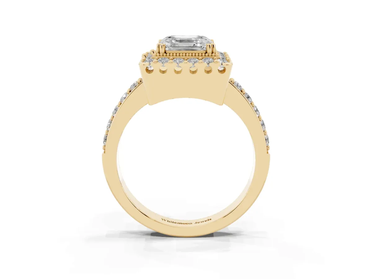 Asscher Cut Diamond Halo Ring with Pavé Band and Prong Setting Yellow gold