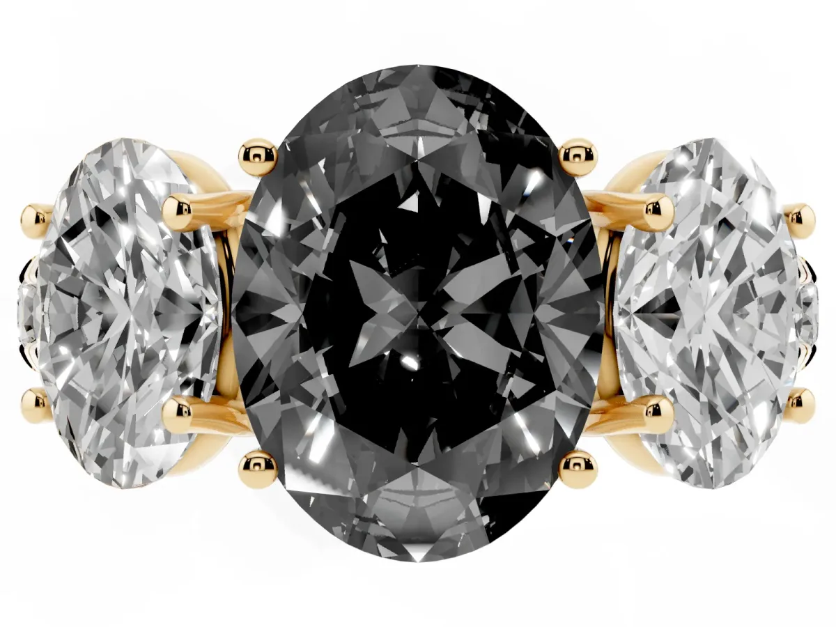 Fancy Black Three-Stone Oval Cut Diamond Pavé Band with Prong Setting Yellow gold