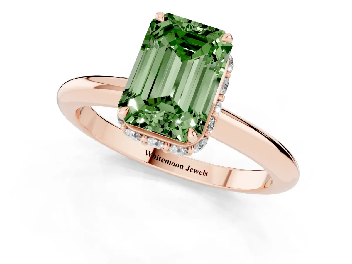Fancy Green Emerald Cut Brilliant Solitaire Engagement Ring with Six-Prong Setting and Classic Band Rose gold