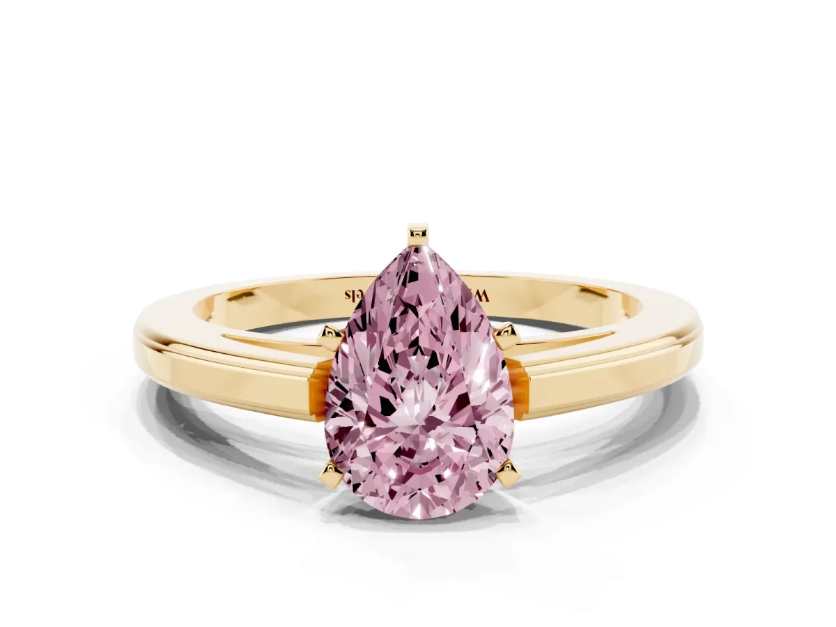 Fancy Pink Pear Cut Solitaire Diamond Ring with Four-Prong Setting and Classic Band Yellow gold
