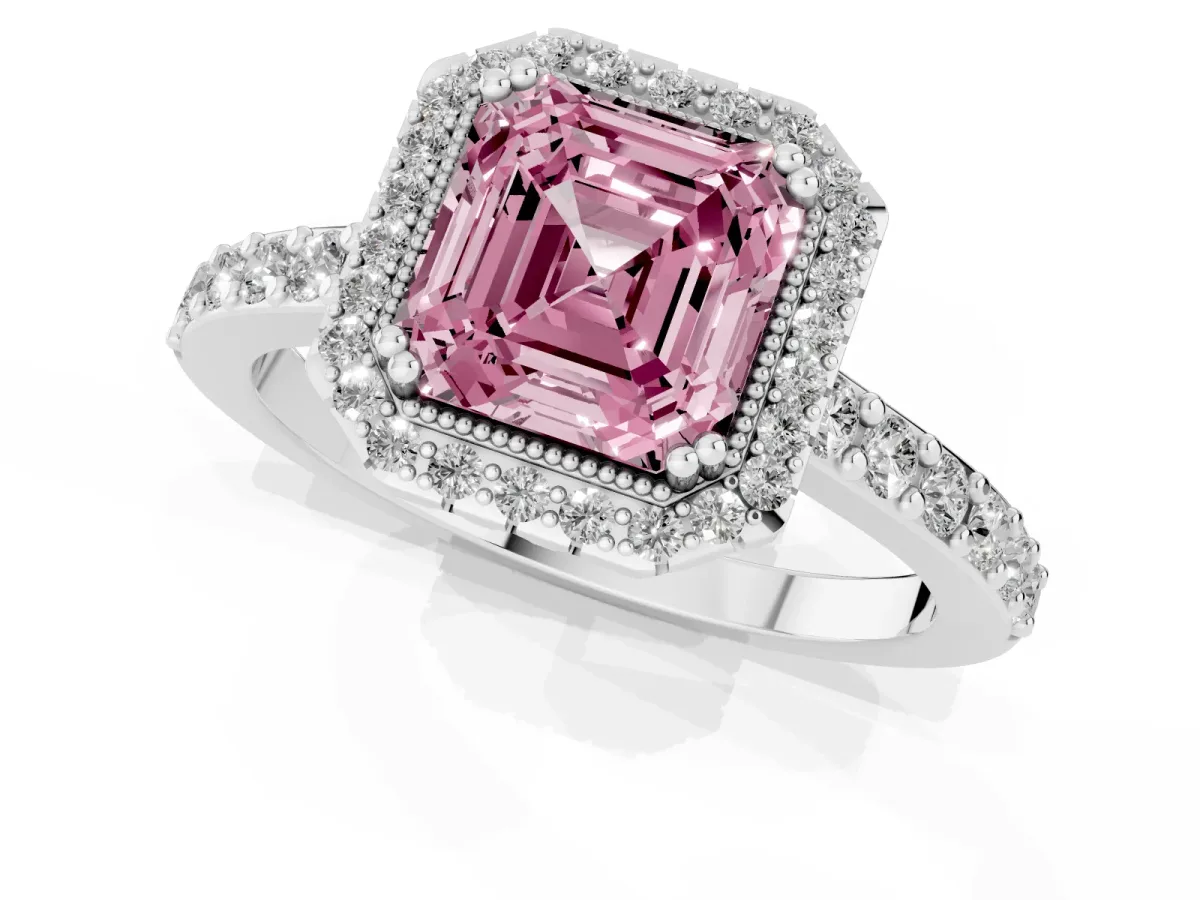 Fancy Pink Asscher Cut Cut Diamond Halo Engagement Ring with Milgrain Detail and Pavé Band Silver