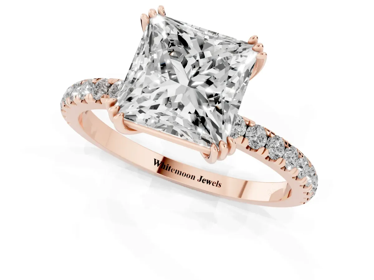 Princess Cut Brilliant Solitaire with Pavé Band and Claw Prong Setting Rose gold