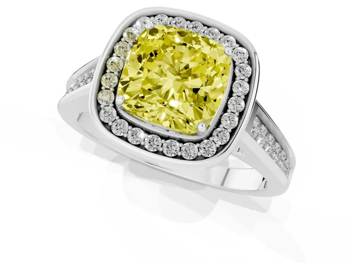 Fancy Yellow Cushion Cut Halo Solitaire Diamond Ring with Pave Band and Bezel Setting Platinum