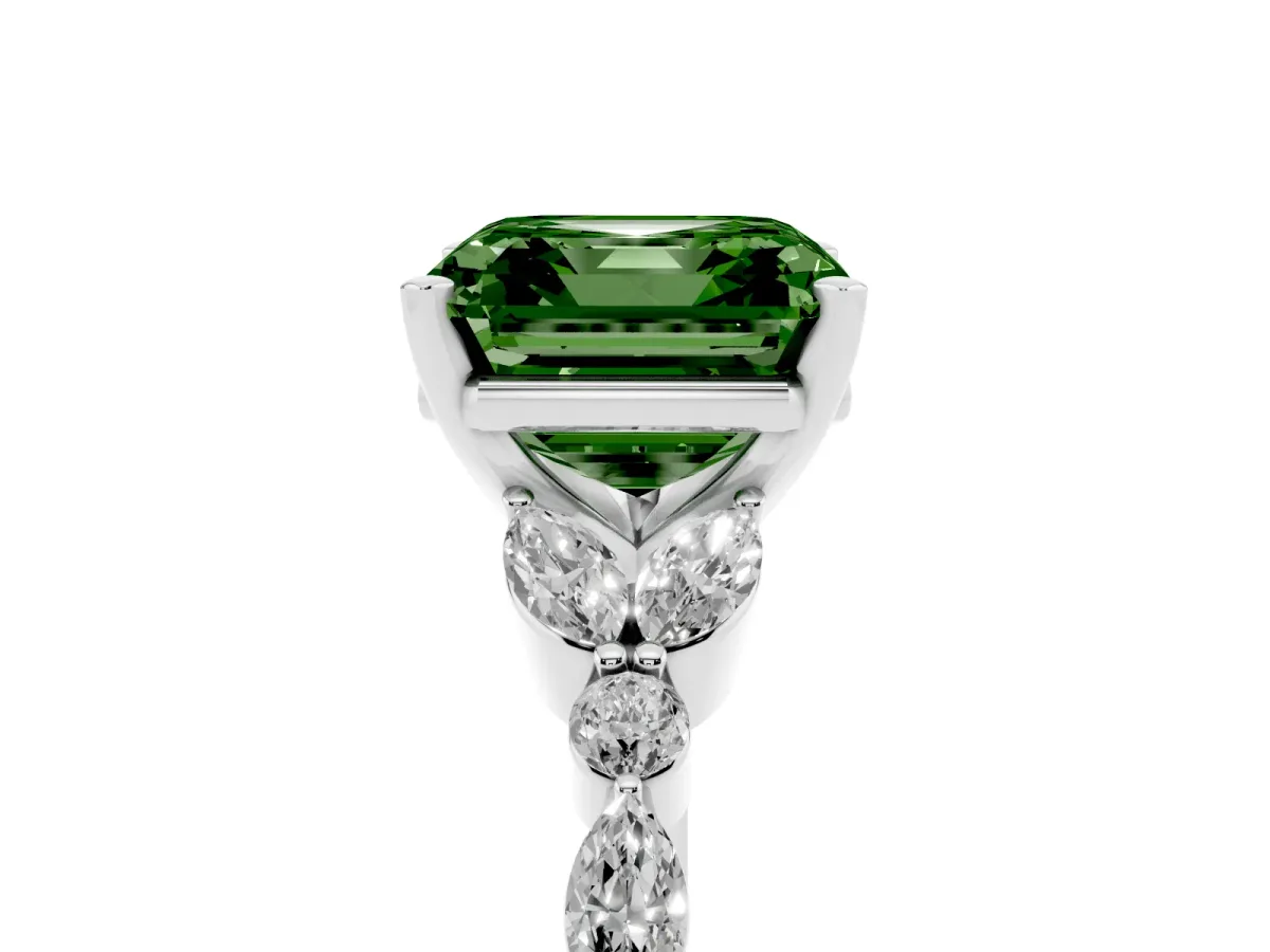 Fancy Green Asscher Cut Diamond Solitaire Ring with Side Stones and Four-Prong Setting Silver