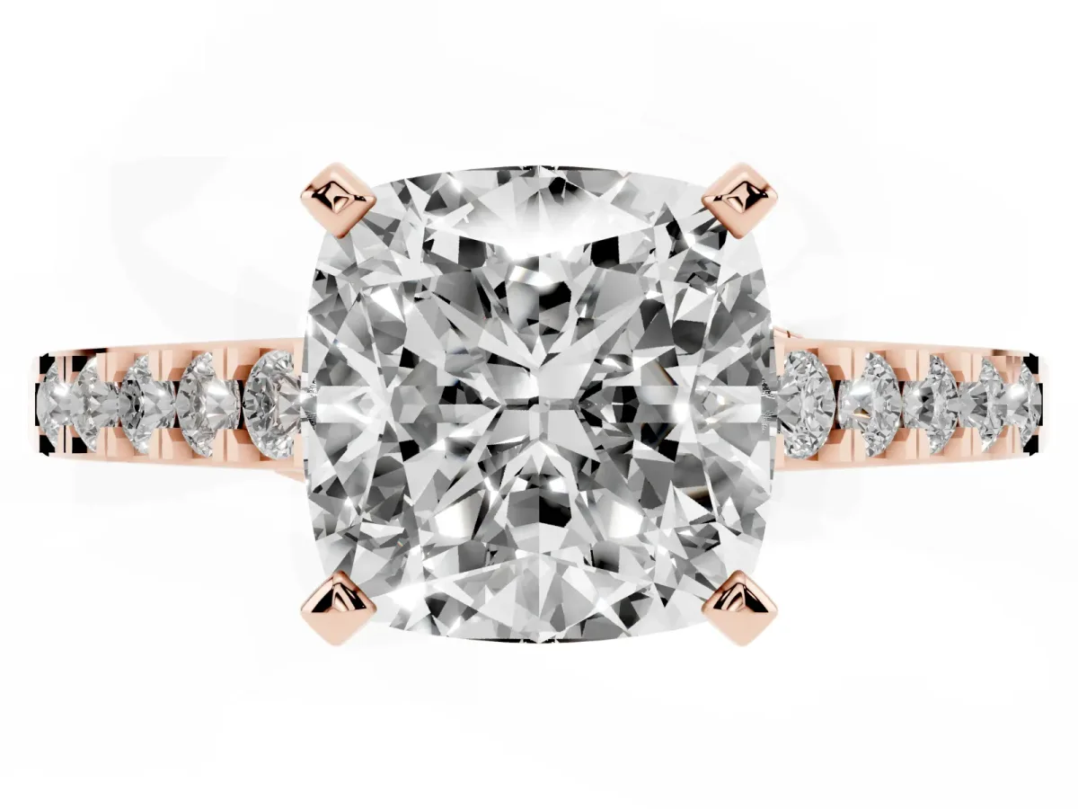 Cushion Cut Diamond Solitaire Ring with Crossover Gallery and Round Pavé Band Rose gold