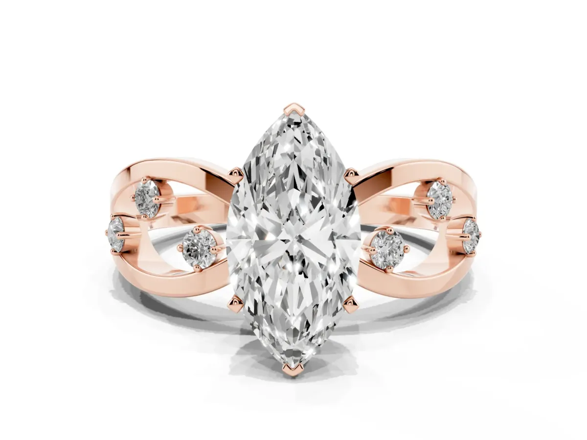 Marquise Cut Cut Solitaire Diamond with Side Stones on Criss-Cross Band and Four-Prong Setting Rose gold