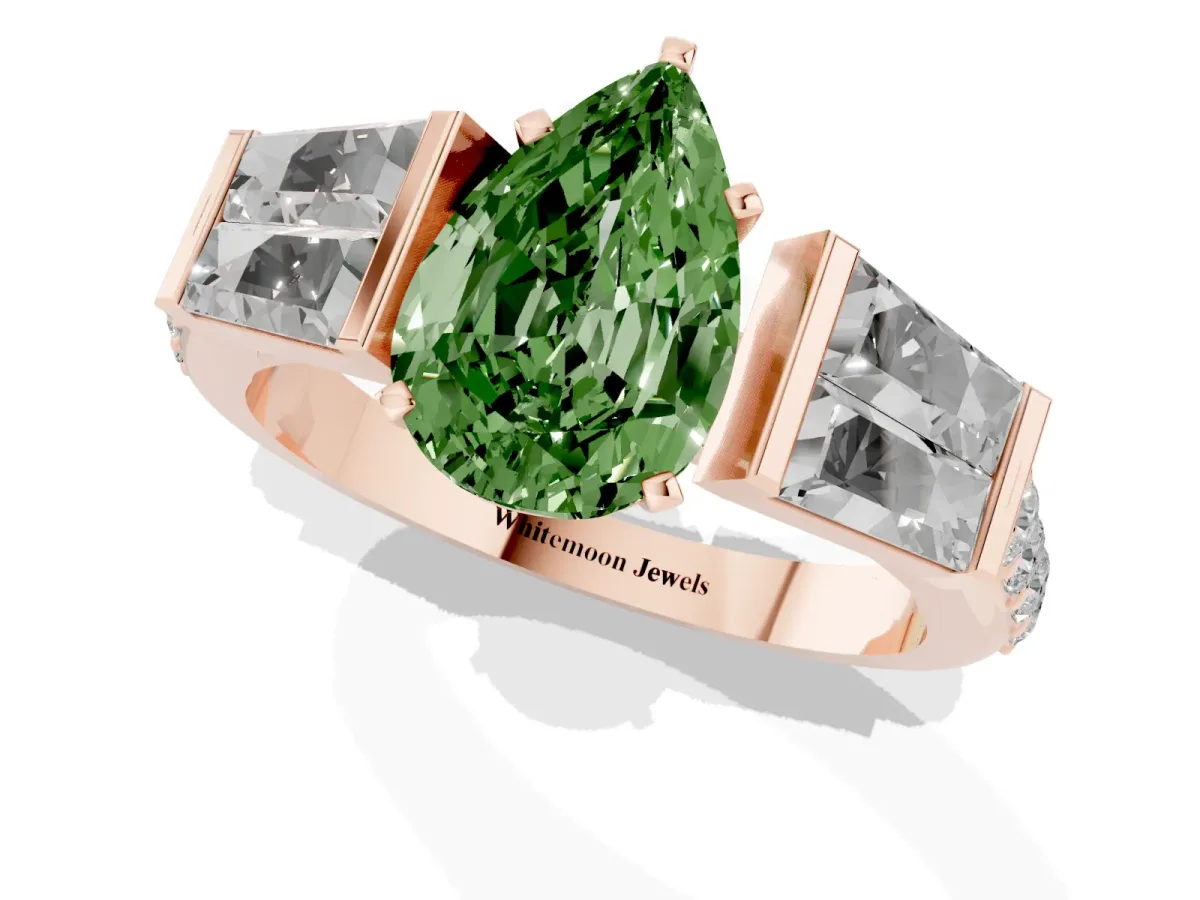 Fancy Green Pear Cut Diamond Engagement Ring with Baguette Side Stones and Channel Set Band Rose gold