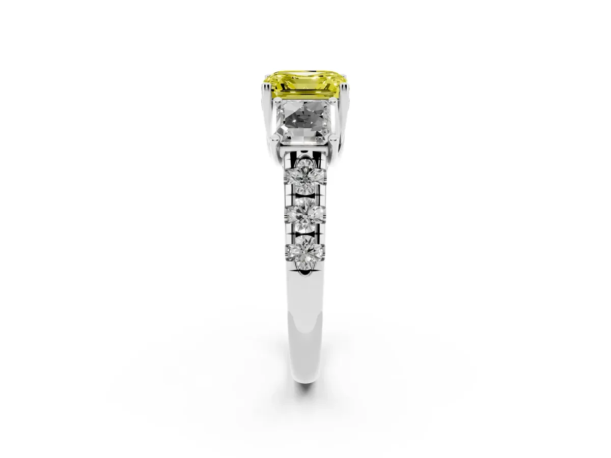 Fancy Yellow Three-Stone Asscher Cut Diamond Pavé Band with Prong Setting Platinum