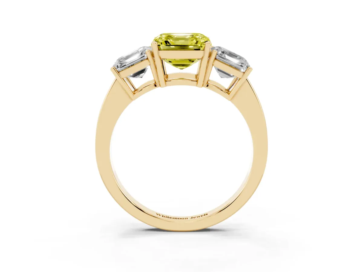 Fancy Yellow Three-Stone Asscher Cut Cut Diamond Engagement Ring with Flat Band and Four-Prong Setting Yellow gold