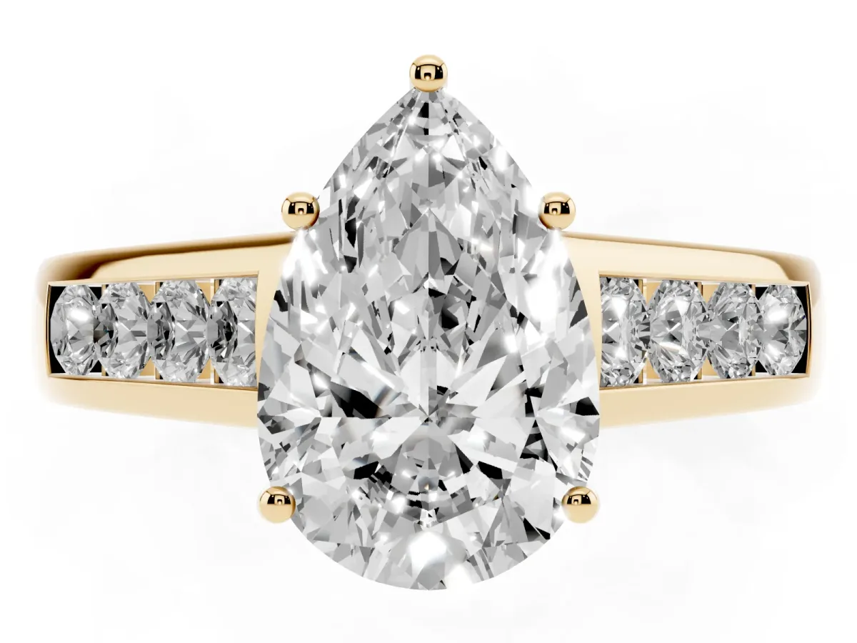 Pear Cut Brilliant Channel-Set Solitaire Ring with Four-Prong Setting Yellow gold