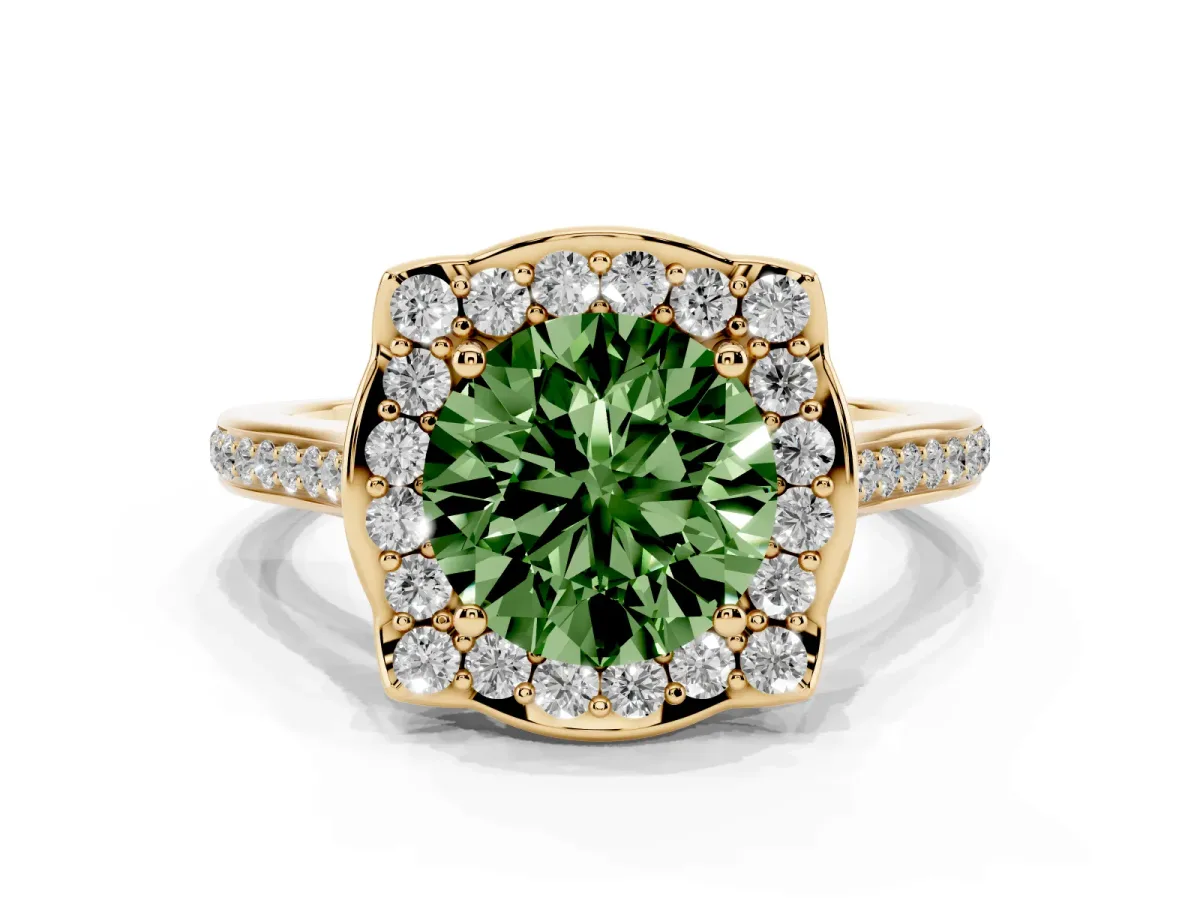 Fancy Green Round Cut Halo Round Diamond Pave Band with Four-Prong Setting Yellow gold