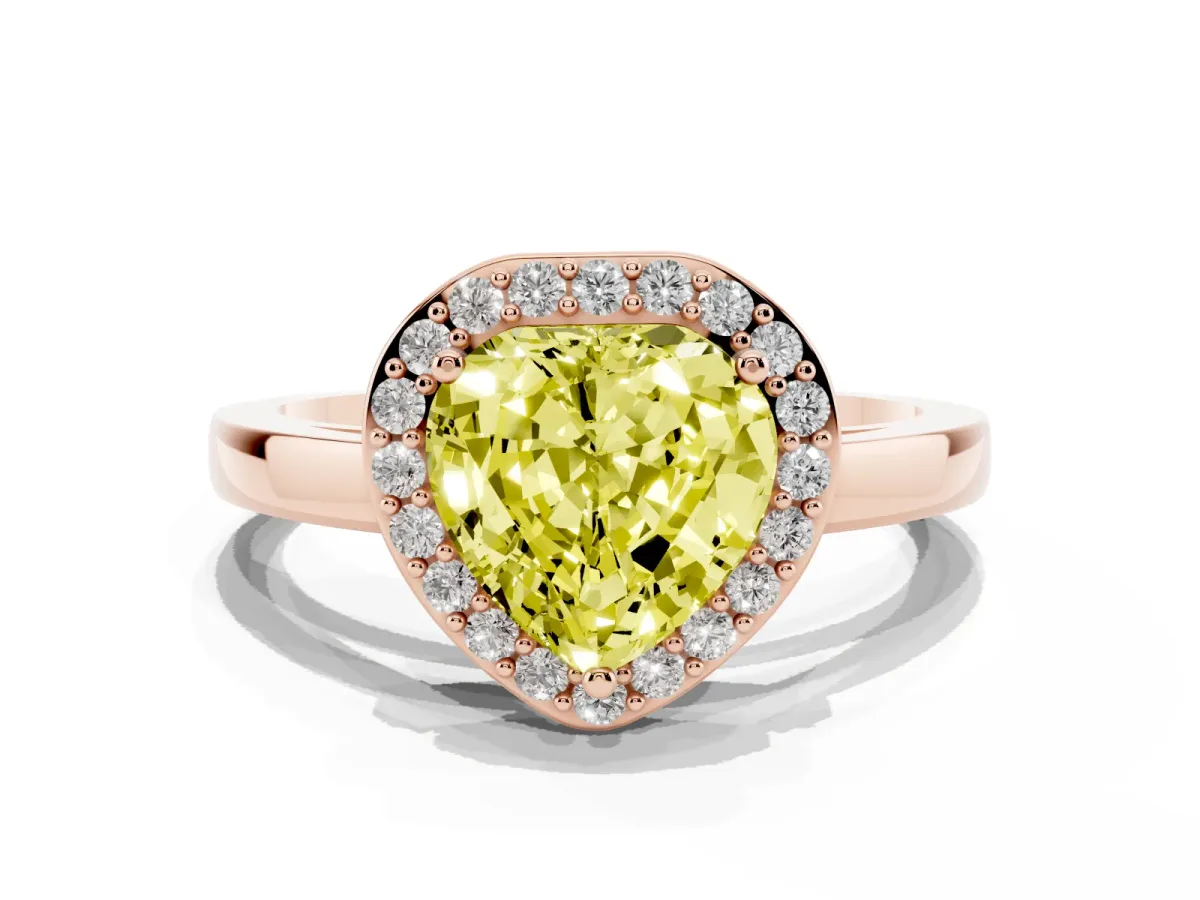 Fancy Yellow Heart Cut Halo Diamond Ring with Solitaire Band and Prong Setting Rose gold