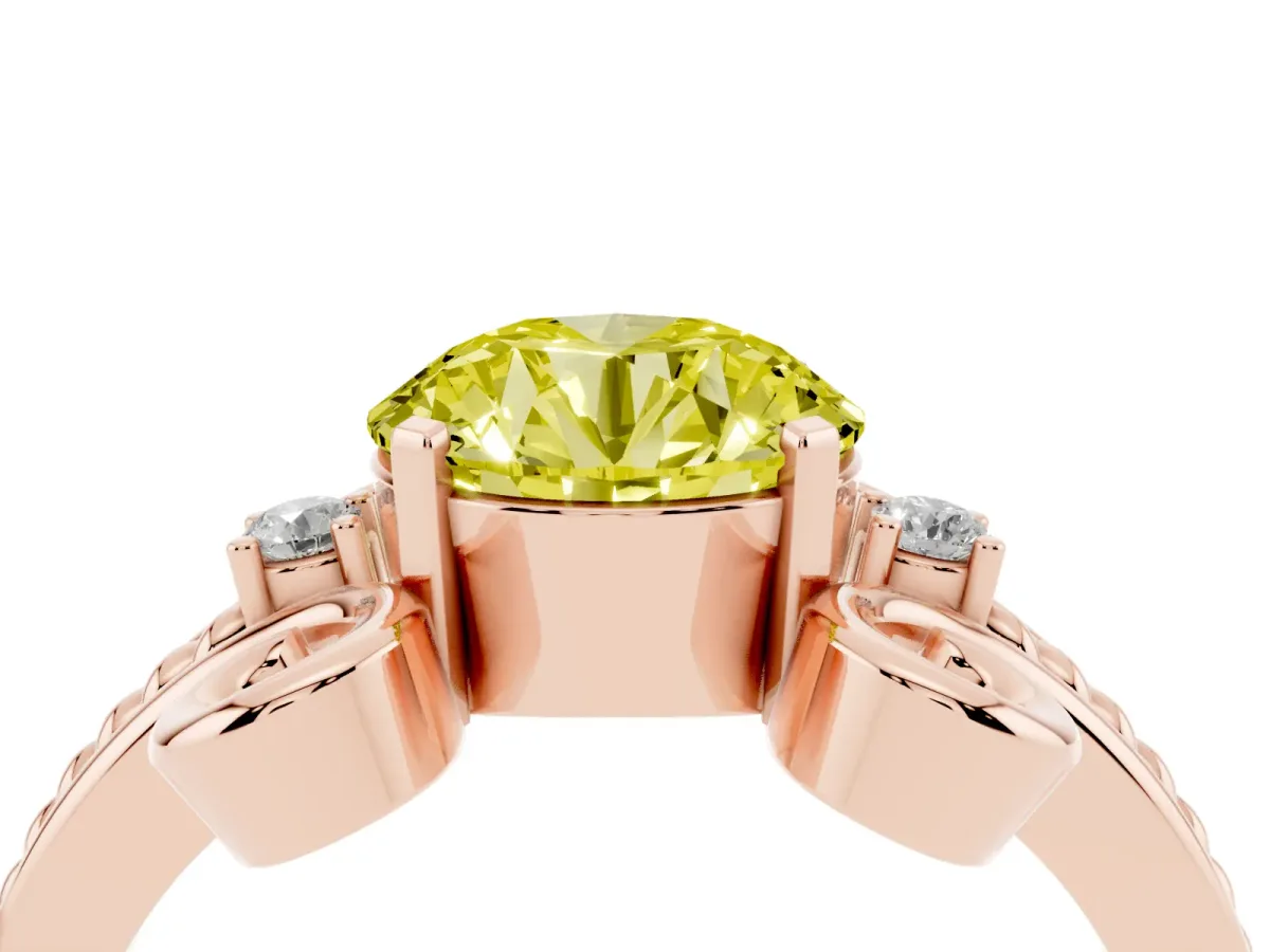 Fancy Yellow Round Cut Solitaire Twisted Band Scroll Prong Ring Rose gold