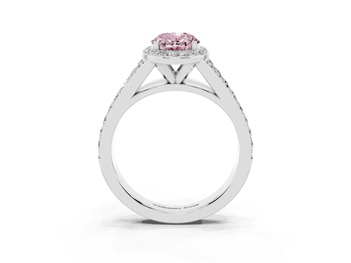 Fancy Pink Oval Cut Diamond Split Shank Halo Ring with Four-Prong Setting Platinum