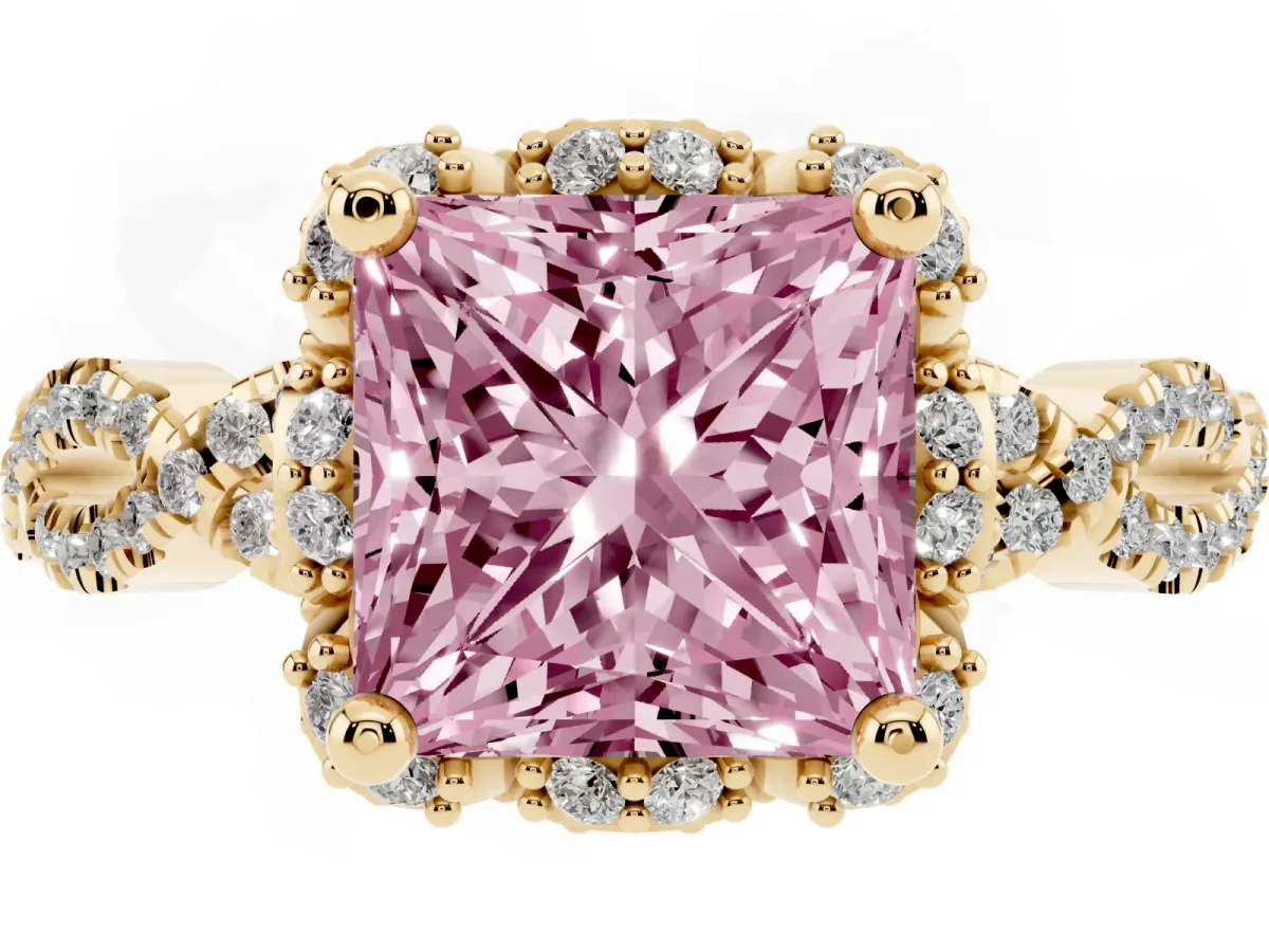 Fancy Pink Princess Cut Halo Twist Band Solitaire Ring with Six-Prong Setting Yellow gold