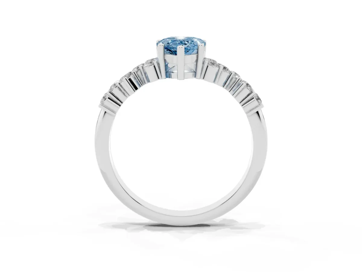 Fancy Blue Pear Cut Diamond Scattered Round Accent Ring with Prong Setting Silver