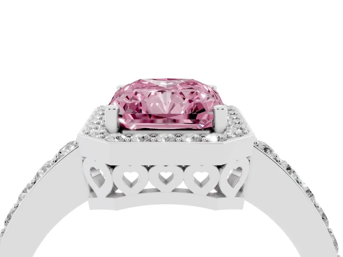 Fancy Pink Radiant Cut Halo Diamond Pavé Band Ring with Prong Setting Platinum
