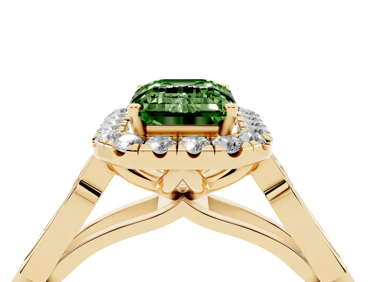 Fancy Green Emerald Cut Halo Diamond Engagement Ring with Filigree Band and Four-Prong Setting Yellow gold