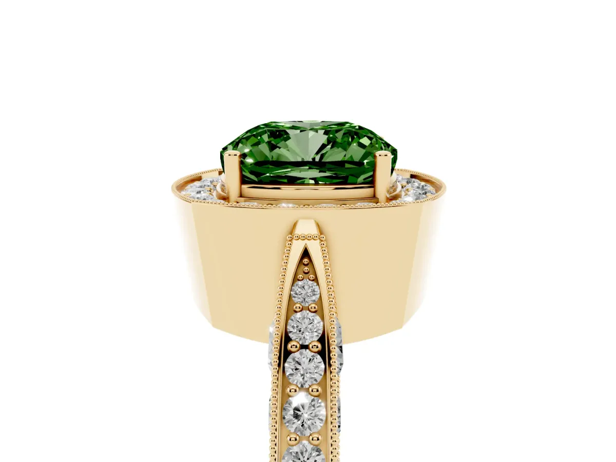 Fancy Green Cushion Cut Halo Diamond Engagement Ring with Split Shank Band and Four-Prong Setting Yellow gold