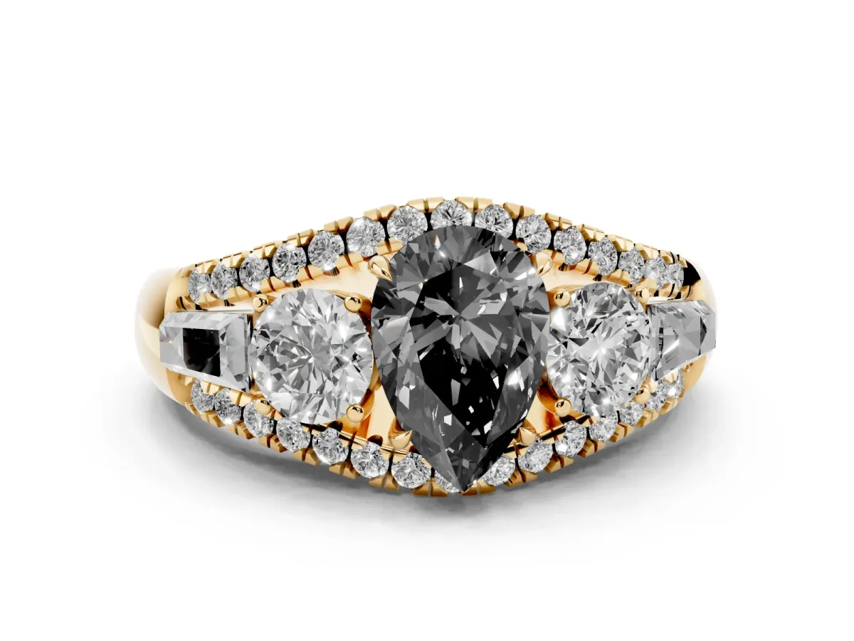 Fancy Black Three-Stone Pear Cut Diamond Engagement Ring with Pave Band and Prong Setting Yellow gold