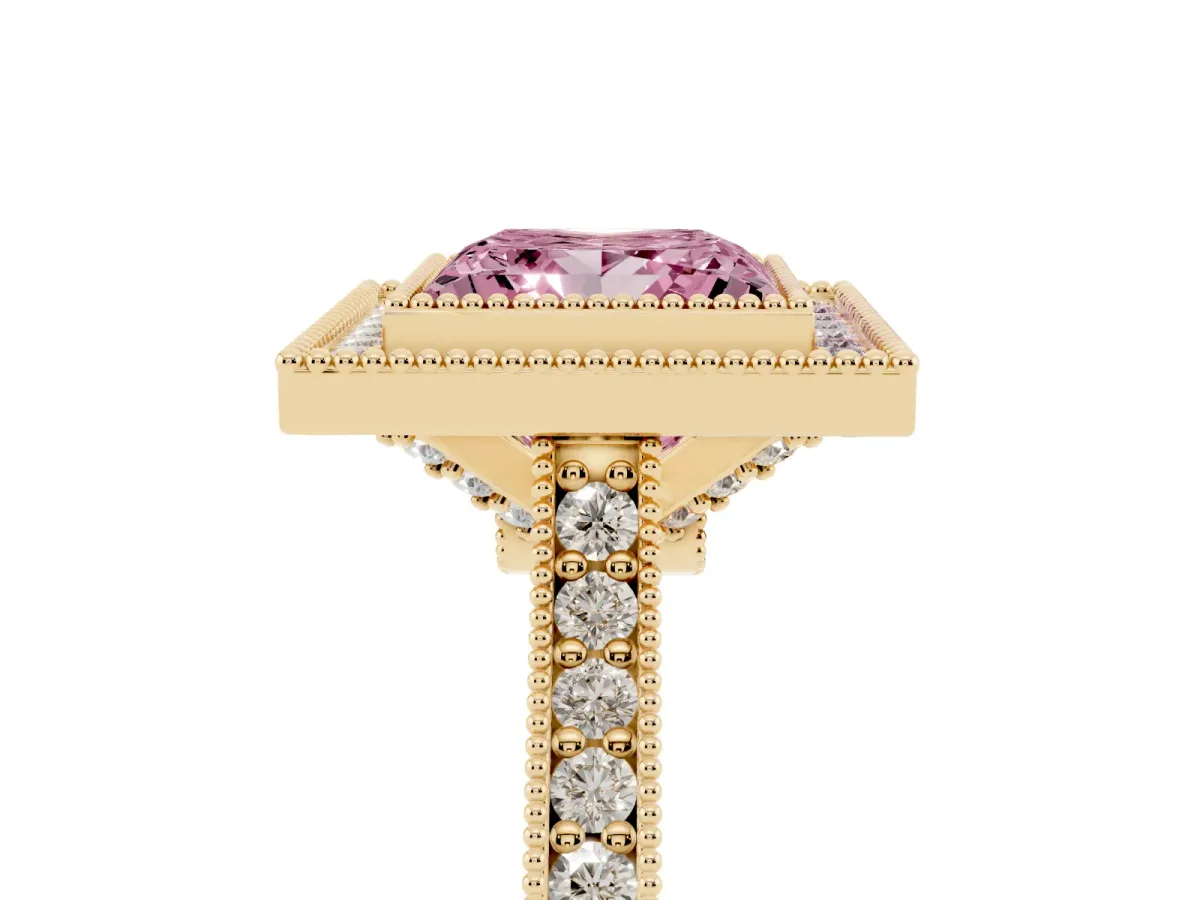 Fancy Pink Halo Princess Cut-Cut Diamond Pave Band Milgrain Prong Setting Ring Yellow gold