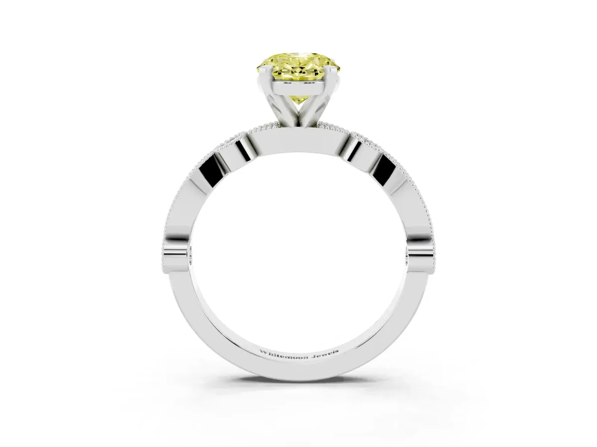 Fancy Yellow Oval Cut Milgrain Bezel Diamond Engagement Ring with Solitaire Prong Setting Platinum