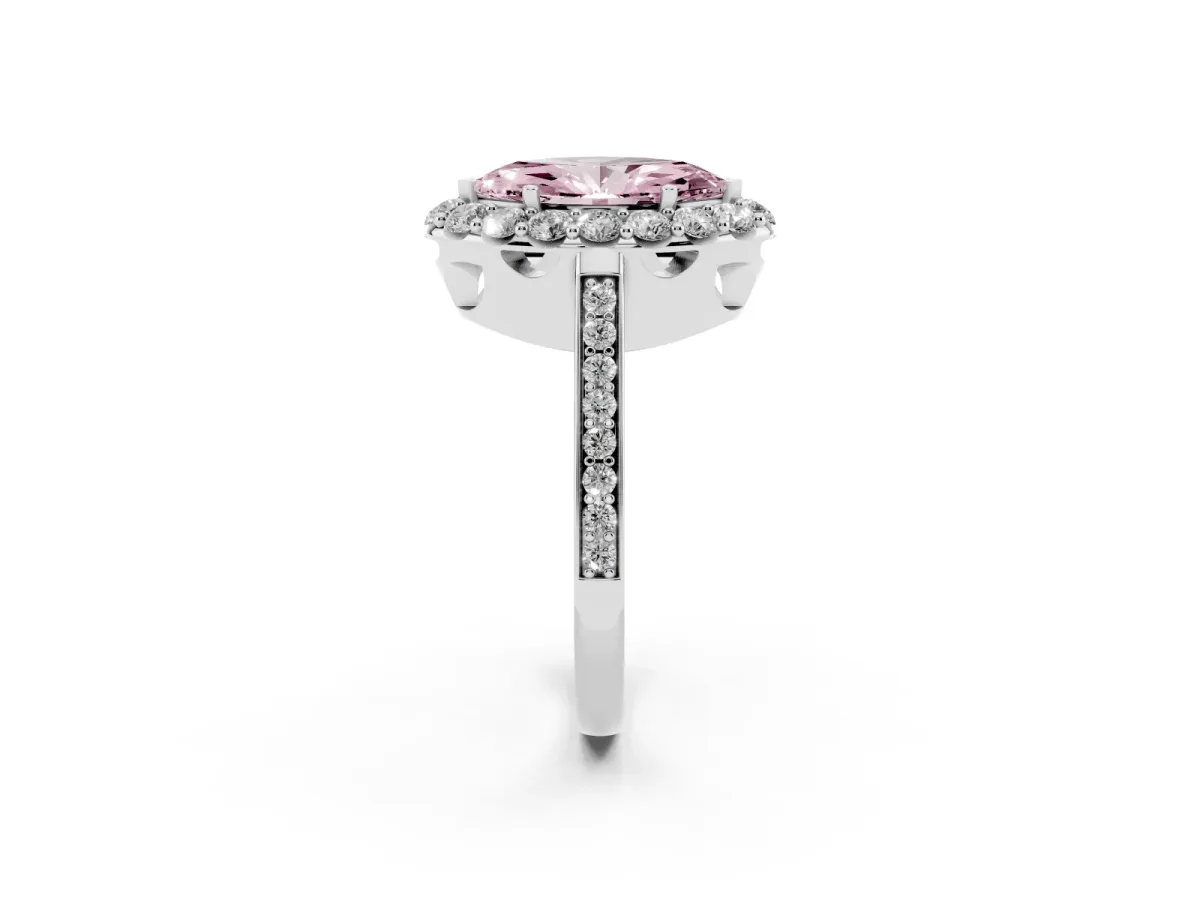 Fancy Pink Marquise Cut Diamond Floral Halo Ring with Pavé Band and Prong Setting White gold